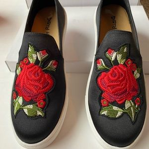 Black slip on sneaker with red rose embroidery